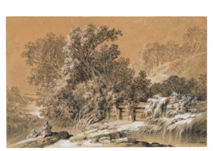 Trees and a fence along the banks of a river, with two children