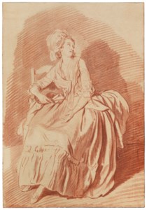 A young woman, seated on a chair and looking up to the right