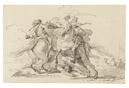 Two mounted soldiers in combat