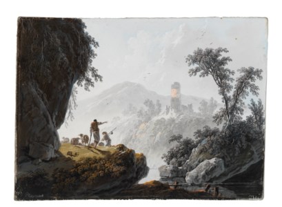 Pastoral landscape with shepherds and their flock to the left