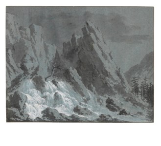 A Swiss mountain landscape with a waterfall