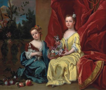 Portrait of Catherine Sancroft (c. 1716-1780) and her sister Elizabeth (1714-1788), full-length, the former in a blue dress holding a spaniel, the latter in a yellow dress holding a bowl of flowers, before a draped curtain, a park landscape beyond