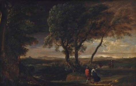An extensive landscape with travellers on a track