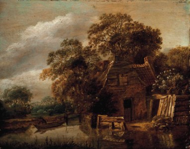 A cottage by a stream, with a fisherman drawing his nets in a boat beyond