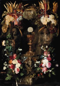 Garlands of roses, tulips, narcissi, snowdrops, hyacinths and convolvulus, with grapes, ears of corn and heads of maize above, surrounding the Host in an architectural niche