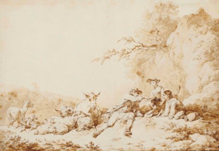 Bergers et bergères auprès d'un troupeau