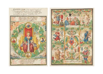 Philosophy Enthroned and Classical Allegory with the arms of the Ochsenfelder , two leaves, MANUSCRIPT AND DRAWING ON PAPER