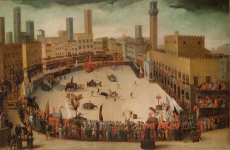 A bullfight between the contrade in the Piazza del Campo, Siena