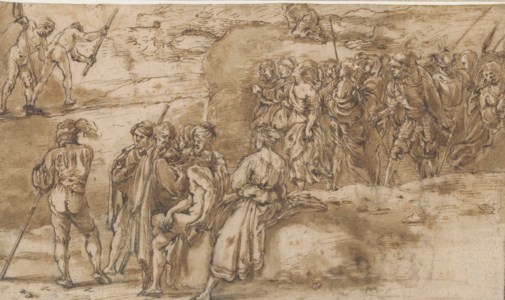 Seated and walking soldiers and other men and women in a rocky landscape ( recto ); Studies of shells ( verso only visible through the recto )