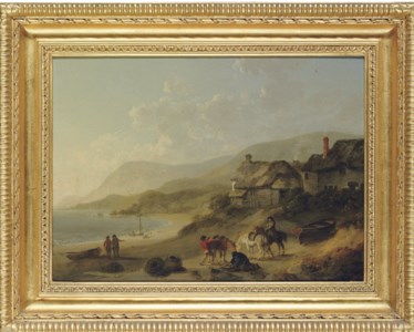 A coastal landscape with figures and horses on a beach