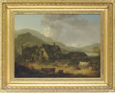 Mountainous landscape with a farm and cattle