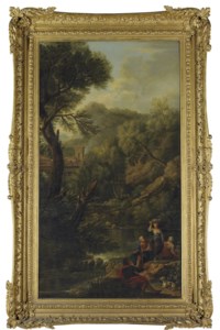 A classical landscape with shepherds and washerwomen by a stream