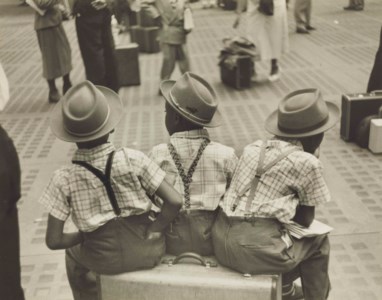 Three little boys on suitcase, Penn Station, c. 1947