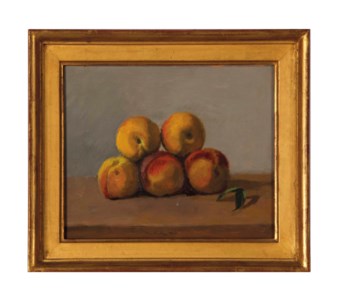 Five Peaches and a Leaf on Gray