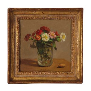 Zinnias in a Glass Jar with an Almond