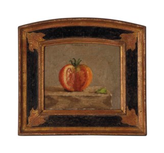 Single Red Tomato with Fallen Leaf on a Light Grey Background