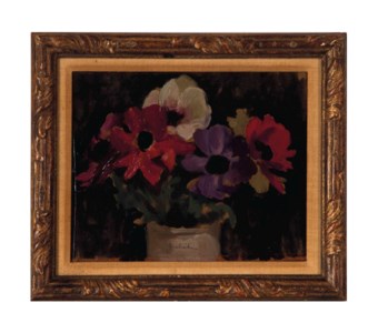 Anemones in a White Ceramic Vase Against a Black Background