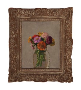 Zinnias in a Glass Jar, on a Light Grey Background