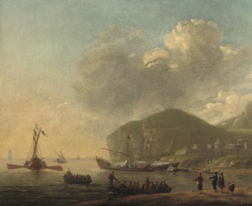 Shipping before a Mediterranean coast with a fortified town near a cliff