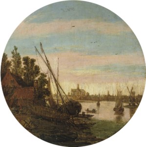 A shipyard on the banks of a river with a boat being caulked, Haarlem beyond