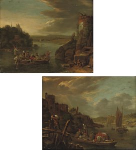 A river landscape with peasants unloading a boat at a jetty; and A river landscape with a peasant pulling a ferry before a watch tower