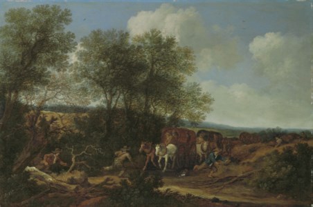 Brigands attacking a caravan in a dune landscape