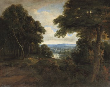 An extensive wooded landscape with travellers on a path