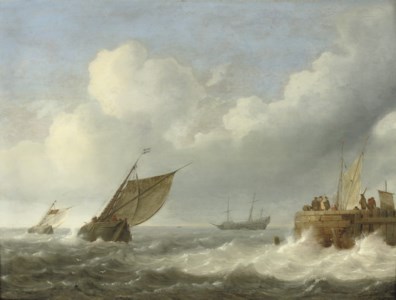 Sailing vessels in choppy waters with figures on a quay nearby