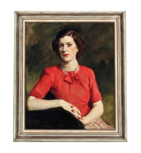 Portrait of a lady in a red pussy bow blouse