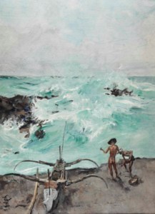 Fishermen and prau along the Indonesian coast