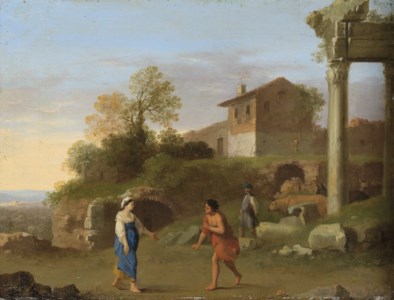A classical landscape with figures on a path in the foreground