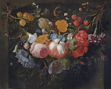 A swag of flowers hanging in a niche, with gooseberries, strawberries, roses, plums, an iris, a daisy and a spider