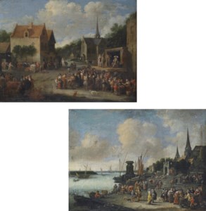 A village square with a crowd watching a commedia dell'arte spectacle; and A capriccio view of Antwerp with fishermen unloading their catch and selling their wares