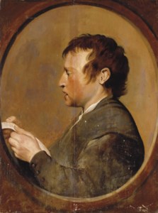 A boy, in profile, singing, in a feigned oval