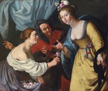 An allegory of youth and old age: A lady offering flowers to a young woman, with an elderly lady beyond