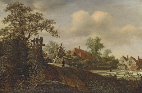 A landscape with a figure on a path and a bleaching field beyond