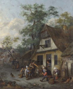 A village street with a fiddler and a hurdy-gurdy player before an inn with other figures