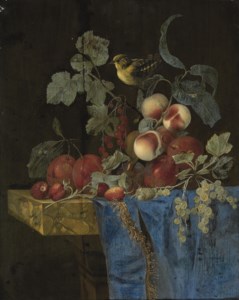 Plums, strawberries, peaches, grapes, redcurrants and gooseberries with a finch, on a partly-draped marble ledge