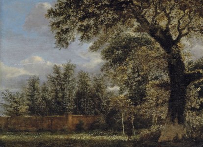 A wooded landscape with a figure in a park