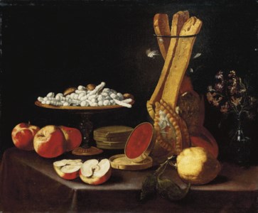 Sweets on a tazza , narcissi in a glass vase, breadsticks in a jar, and apples, jelly and a lemon on a draped table