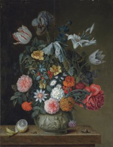 Roses, tulips, lilies, an iris and other flowers in a porcelain vase on a stone ledge, with partly-peeled lemon, a snail and other insects