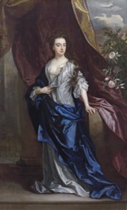 Portrait of Elizabeth, Duchess of Dorset, full-length, in a white dress with a blue wrap, leaning on a stone pedestal with her left hand, beside a draped curtain