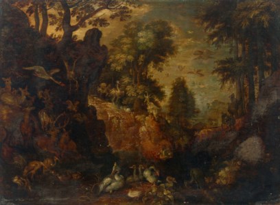 A rocky wooded landscape with birds, deer and other animals
