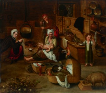 Interior of a farmhouse with a wet nurse
