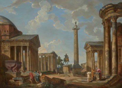 A capriccio of Roman ruins with the Pantheon, the Temple of Antoninus and Faustina, the statue of Marcus Aurelius, Trajan's Column, the Temple of Fortuna Virilis and the Temple of Vesta in Tivoli