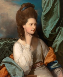 Mrs. William Abercromby, half-length, seated, in a white gown with a blue and gold sash