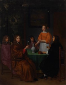 A group of figures seated around a table with a maid