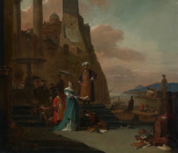 Elegant figures, including a man in Turkish dress, on the quay of a Mediterranean port