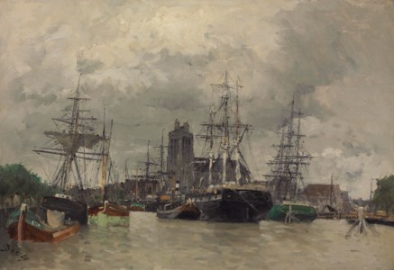 Dordrecht Harbor with Shipping and Cathedral