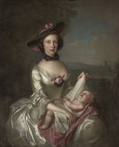 Portrait of Elizabeth Boyd and child, three-quarter-length, in an oyster satin dress and black and pink trimmed hat, in a landscape